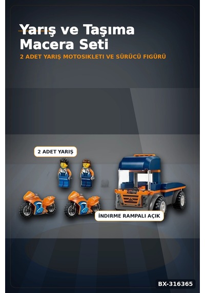 Motosiklet Taşıyıcı Kamyon Yapım Seti 88 Parça 2 Figürlü 4 Yaş Üzeri Çocuk Oyuncağı Bx-316365