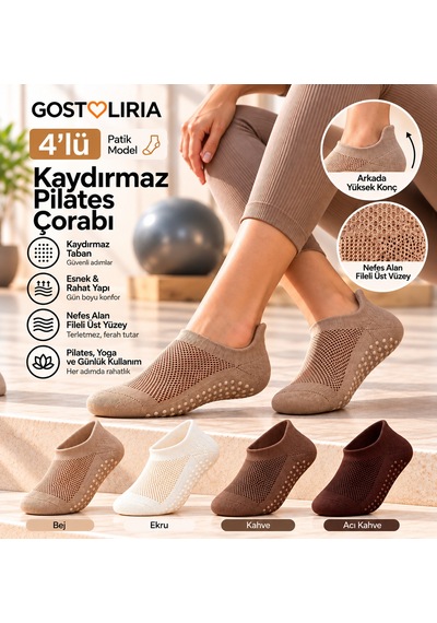 Gost Liria Kaydırmaz Pilates Çorabı 4'lü Paket Patik Model Çok Renkli
