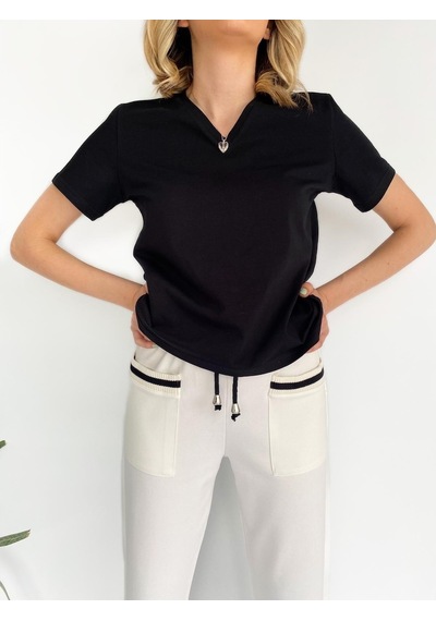 Kadın V Yaka Basic Tshirt Siyah
