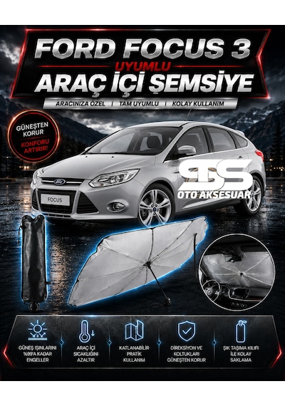Ford Focus 3 Araç Ön Cam Güneşliği Katlanabilir Şemsiye Oto Güneşlik Uv Korumalı Gölgelik Araba Oto Şemsiyesi