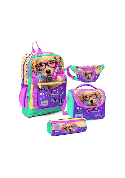 Coral High Kız Çocuk Sarı Pembe Sevimli Köpek Desenli İlkokul Okul Çanta Seti Ve Bel Çantası