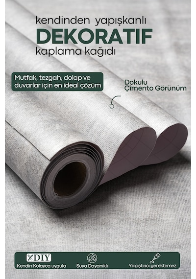 Technojet Kendinden Yapışkanlı Dokulu Çimento Görünümlü Mutfak Duvar Dolap Masa Kaplama 60cmx100cm