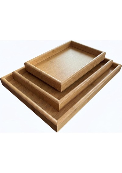 Doğal Bambu Sunum Tepsisi Seti, İç İçe Geçebilir Dikdörtgen Servis Tepsisi, 3'lü Set, 40x30, 35x25, 30x20 Cm Diğer