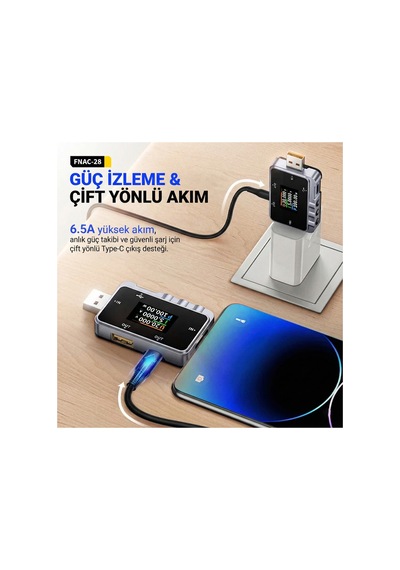 Fnrsı Fnac-28 2'si 1 Arada Tip-c Usb Test Cihazı Dijital Voltmetre Ampermetre