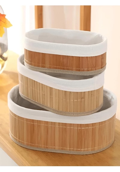 Tr Bambu 3'lü Oval Kutu Organizer Seti Doğal Bambu Saklama Ve Düzenleyici Seti Bej Diğer