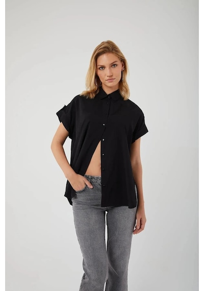 Mixray 3967 Kadın Apoletli Kısa Kol Oversize Gömlek Siyah