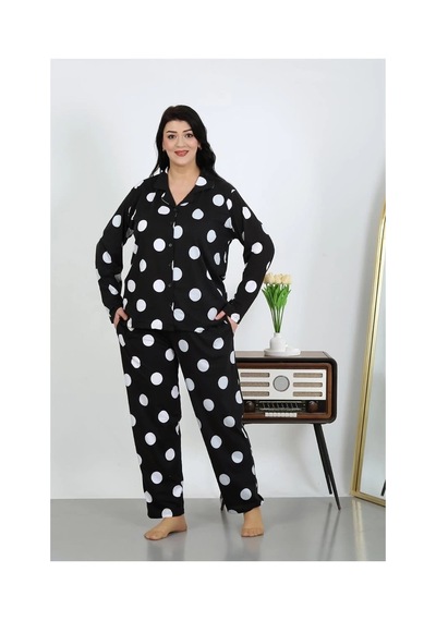 Najmaddin.com Beru Kadın Büyük Beden Pamuklu Cepli Düğmeli Siyah Pijama Takım