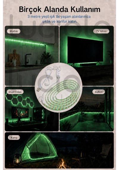 3 Metre 5v Usb Yeşil Şerit Led Aç Kapa Anahtarlı Gaming Tv Masa Raf Powerbank Dekoratif Işık