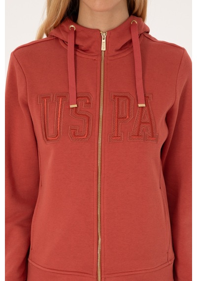 U.S. Polo Assn. Kadın Kiremit Fermuarlı Kapüşonlu Basic Sweatshirt 50307769-VR026
