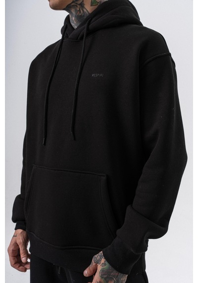 Erkek Respire Yazı Detaylı Kapüşonlu Basic Oversize Hoodie Siyah