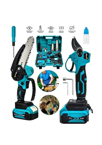 2'li Set 21 Volt 2 Akülü Çelik Şanzuman 2 Pala Zincirli Şarjlı Da