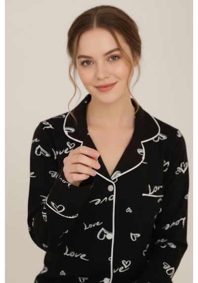 Luxury Viscose Siyah Love Ve Kalp Desenli Kadın Uzun Kollu Pijama Takımı 42572 Antrasit