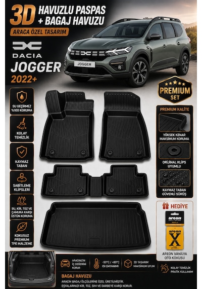 Dacıa Jogger 2023 Model Uyumlu 3d Araca Özel Havuzlu Paspas+bagaj Havuzu Birebir Uyum