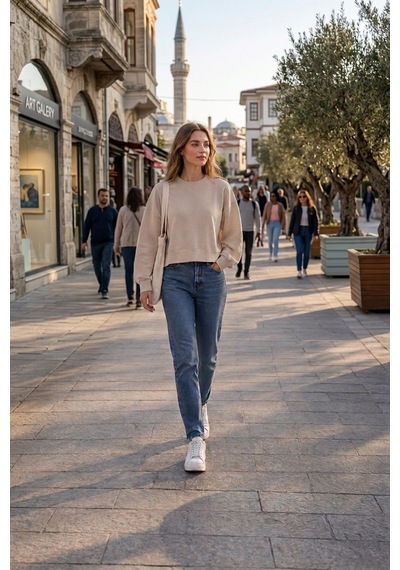 Luxıc Core Kadın Crop Bisiklet Yaka Sweatshirt Pamuklu Yumuşak Dokulu Günlük Spor Sweatshirt Krem