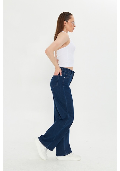 Kutaf Koyu Lacivert Yüksek Bel Geniş Paça Bol,salaş Palazzo Jeans Lacivert