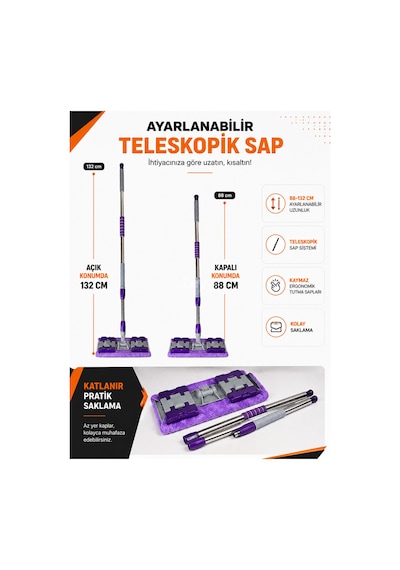 Mandallı Mop Paspas Kıskaçlı Bez Takmalı Yer, Duvar Ve Cam Temizlik Mopu 1 Adet Yedek Bez Hediyeli 180 Döner Başlık Teleskopik Sap 88-132 Cm 2'li Set