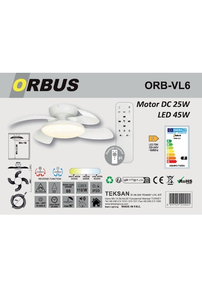 Orbus VL6 Uzaktan Kumandalı Led Tavan Vantilatörü
