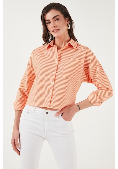 Lela Regular Fit Çizgili Göğüs Cepli Dokulu Bayan Gömlek 6772870 Oranj