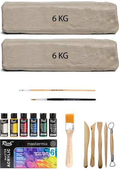 Beyaz Seramik Hamuru 12 Kg Master Mix Akrilik Set Ana Renk 6lı 60cc Ebeşuar Seti Kil Çamur Seti