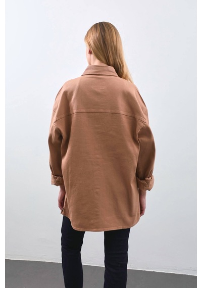 Kadın Oversize Jean Gömlek Bej 001