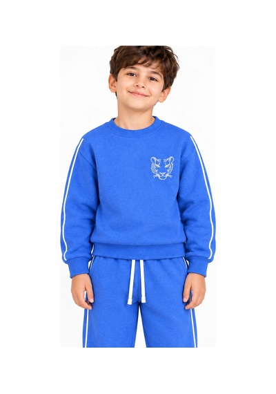 Rony Pony Kids 3 İplik Şardonlu Kaplan Figürlü Beyaz Biyeli Mavi Erkek Çocuk Eşofman Takımı