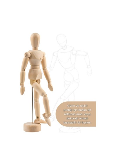 Ahşap Çizim Mankeni, Mafsallı İnsan Figürü Modeli, Tabanlı Eskiz Yardımcısı, 14 Cm