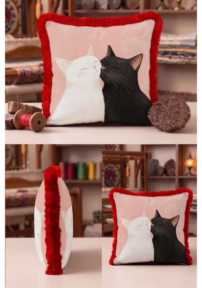 Sevimli Kedi Figürlü Romantik Saçaklı Yastık Kılıfı-hayvan Bohem Pudra Bordo Püsküllü Kırlent Kılıfı Kırmızı
