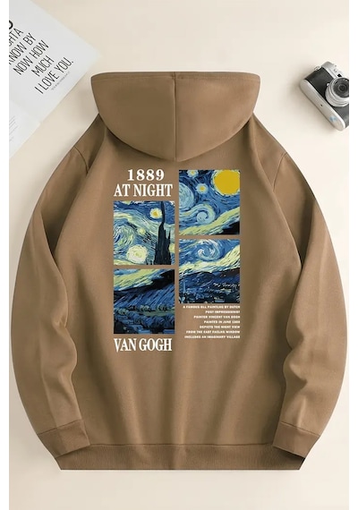 Vangogh Baskılı Oversize Sweatshirt Bej