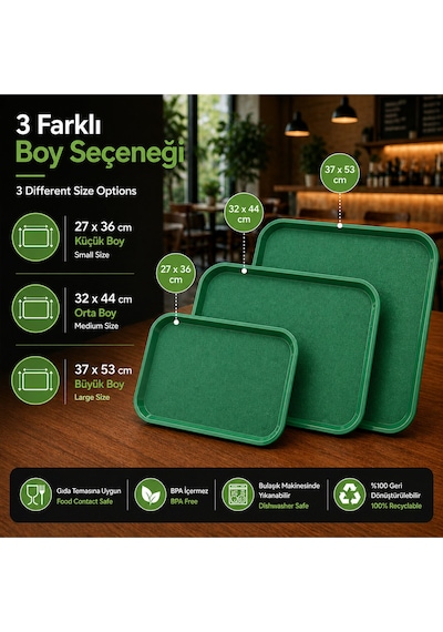 6 Adet Abs Servis Tepsisi Kaymaz Yüzeyli 27x36 Cm Yeşil Renk Endüstriyel Kullanıma Uygun, Kırılmaz, Bpa Free 7 Renk Seçenekli