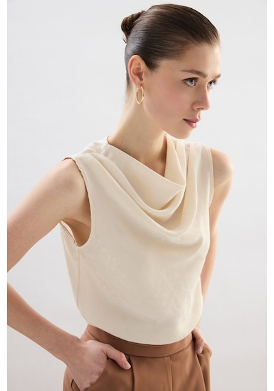 Sateen Degaje Yaka Bluz - Taş-136755 Taş