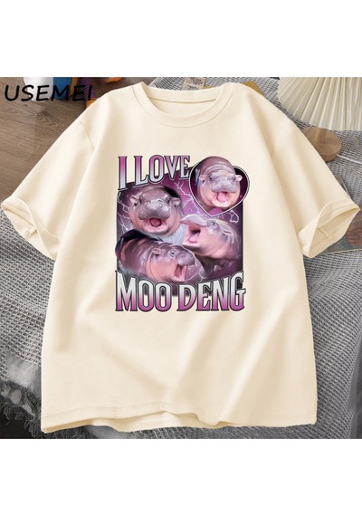 Flood Of Style Ben Aşk Moo Deng T Shirt Kadın Erkek Komik Moo Deng Fan Kulübü Hippo Sevgilisi T-shirt Pamuk Haki