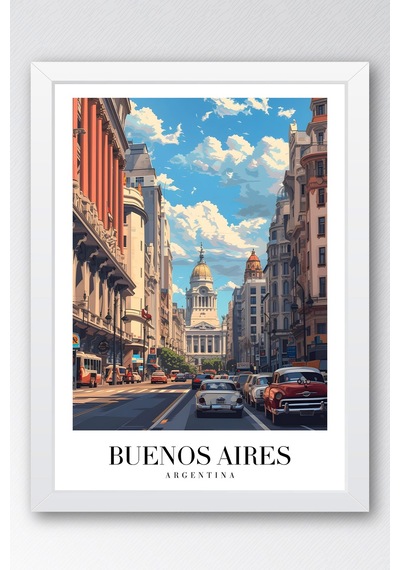 Buenos Aires Argentina Vintage Seyahat Posteri Çerçeveli Tablo - Premium Şehir Elit Duvar Dekoru Beyaz