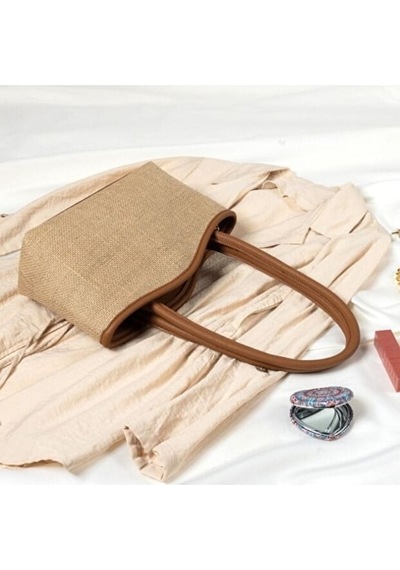 Lovelystore Kadın Hasır El Omuz Çantası Yazlık Çanta Plaj Çantası Fermuarlı Astarlı 24x38 Krem