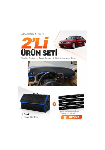 Rover 45 1999-2005 Uyumlu Torpido Örtüsü + Deri Bagaj Çantası + Sticker Seti - Siyah Mavi