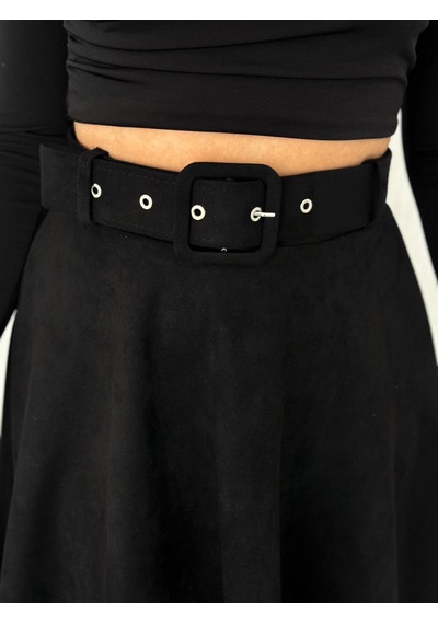 Ozy Fashion Kadın Siyah Renk Midi Boy Kemerli Süet Kloş Etek Siyah
