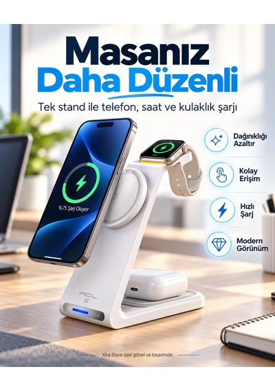 3 Ü 1 Arada Manyetik Kablosuz Şarj Standı 15w Hızlı Şarj, Telefon + Akıllı Saat + Kulaklık