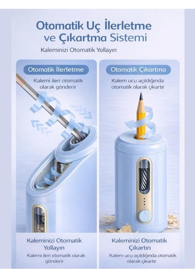 Va10 Mavi Şarjlı Otomatik Elektrikli Kalemtıraş 2000mah 5 Kademe Uç Ayarlı, 6.9-12mm Jumbo Uyumlu, Type-c, Geniş Hazneli