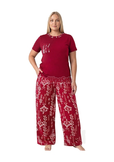 Lady Bordo Renk, Etnik Desenli 11068 Kısa Kol Kadın Büyük Beden Anne Pijama Takımı