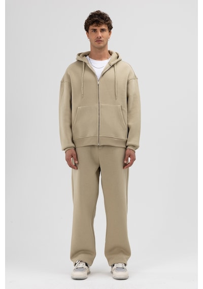 Vamos Basic Fermuarlı Oversize Kapüşonlu Sweatshirt Haki
