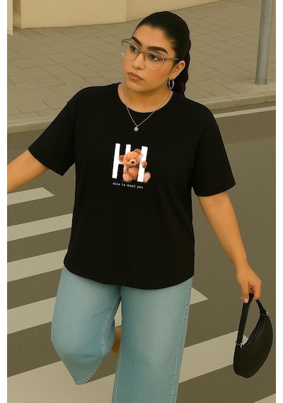 Büyük Beden Ayıcık Baskılı Unisex Tişört SIYAH