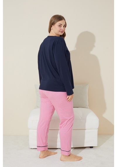 Siyah İnci Pamuklu Curve Büyük Beden Battal Boy Örme Pijama Takım 24240663 Lacivert