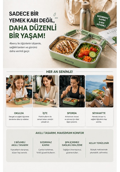 2 Bölmeli Termos Yemek Kabı Sızdırmaz Kapaklı, Paslanmaz Çelik İç Hazneli, 850 Ml - Yeşil