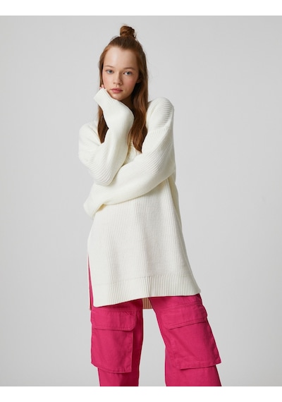 Koton Oversize Triko Kazak V Yaka Uzun Kollu Ekru 3sal90018ht 3SAL90018HT010 Ekru