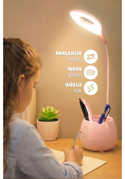 Şarjlı Masa Lambası Işık Ayarlanabilir Kalemlik Telefon Stand Ders Çalışma Okuma Işığı 0620 Pembe Pembe