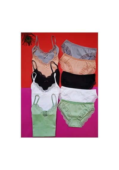 Demirsa Boutique Dantelli İp Askılı 5'li Pudra, Yeşil, Mavi, Siyah Ve Beyaz Renk Kadın Atlet Külot Takım Çok Renkli Demirsa Boutique Dantelli İp Askılı 5'li Pudra, Yeşil, Mavi, Siyah Ve Beyaz Renk Kadın Atlet Külot Takım Çok Renkli