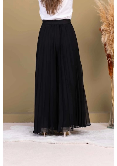 Lodmela Beli Lastikli Pliseli Şifon Pantolon 6030-siyah Siyah
