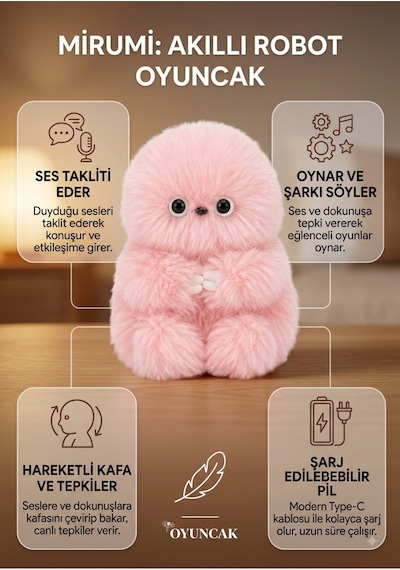 Pembe Mirumi Akıllı Peluş Robot Oyuncak - Ses Algılayan Dokunmaya Duyarlı Çantaya Tutunan İnteraktif Peluş