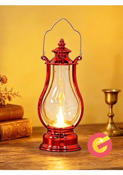Retro Alev Efektli Led Lamba Pilli Gaz Lambası Modeli Kandil Atmosfer Dekoratif Ramazan Yılbaşı Aydınlatma Kırmızı