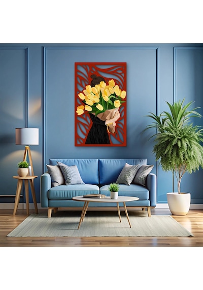 Sarı Lale Buketi Taşıyan Kadın - Metal Tablo - Dec0340 77 X 125 Cm Çok Renkli