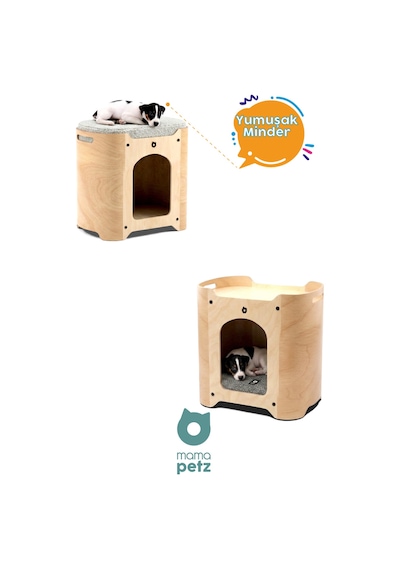 Mamapetz - Ahşap Kedi Ve Küçük Irk Köpek Kulübe Ve Yatağı Luta Large - Doğal Ahşap